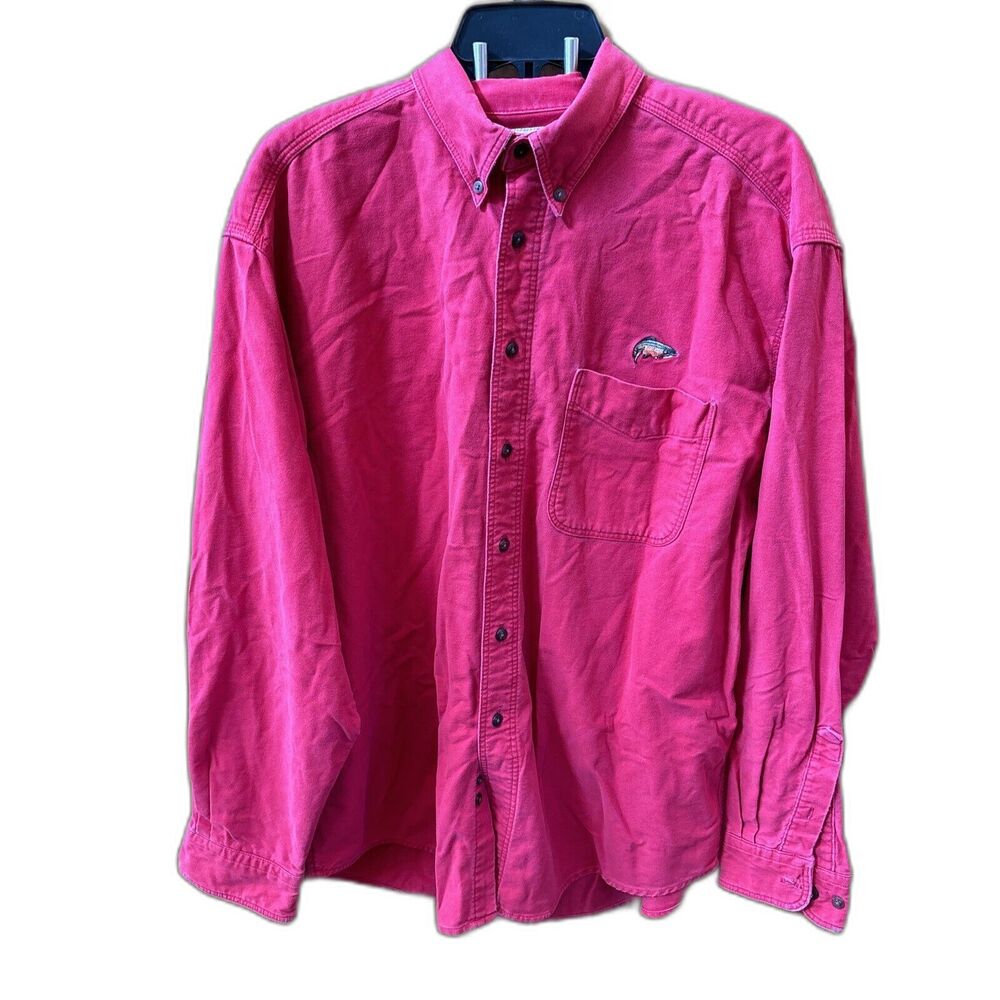 Woolrich Men XL Red Shirt Bass Embroidered Long Sleeve Button Cotton Pocket